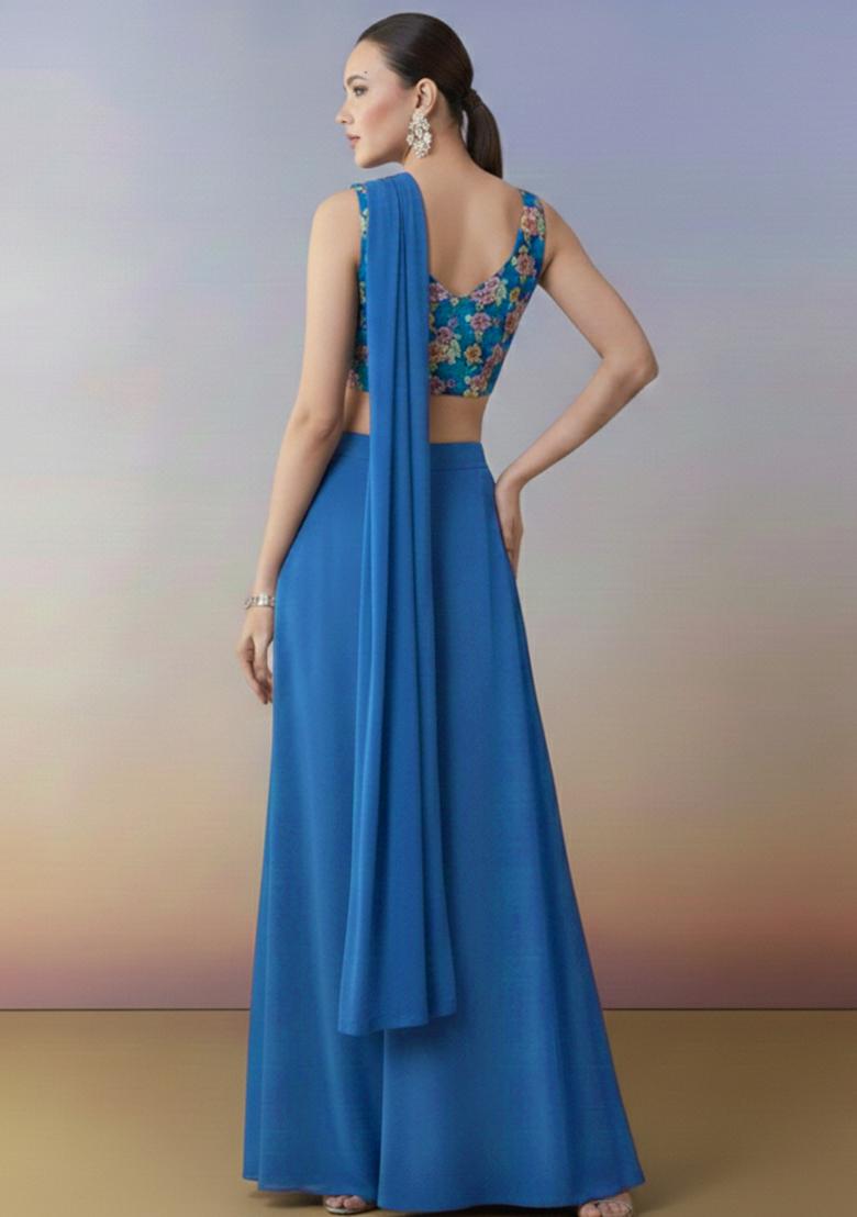 Teal Blue Abstract Print Crepe Fusion Set - Indya