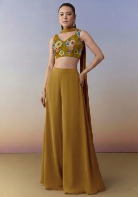 Mustard Yellow Abstract Print Crepe Fusion Set