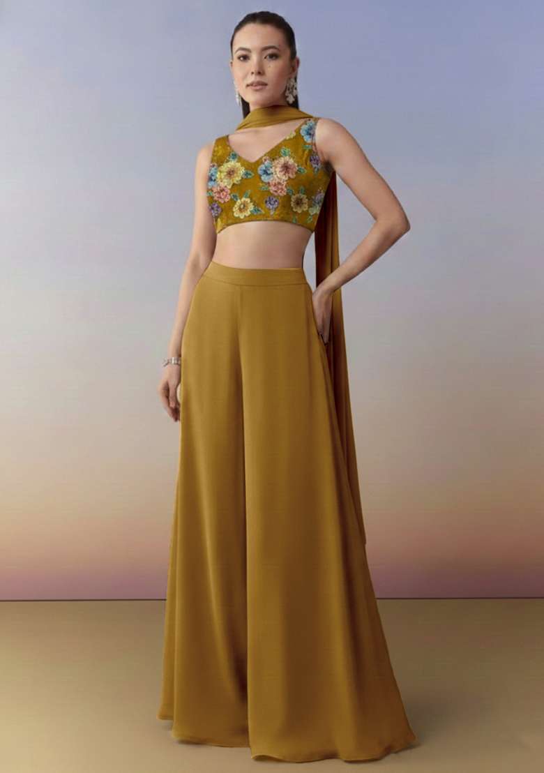 Mustard Yellow Abstract Print Crepe Fusion Set - Indya