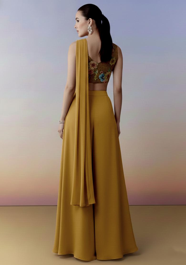 Mustard Yellow Abstract Print Crepe Fusion Set - Indya