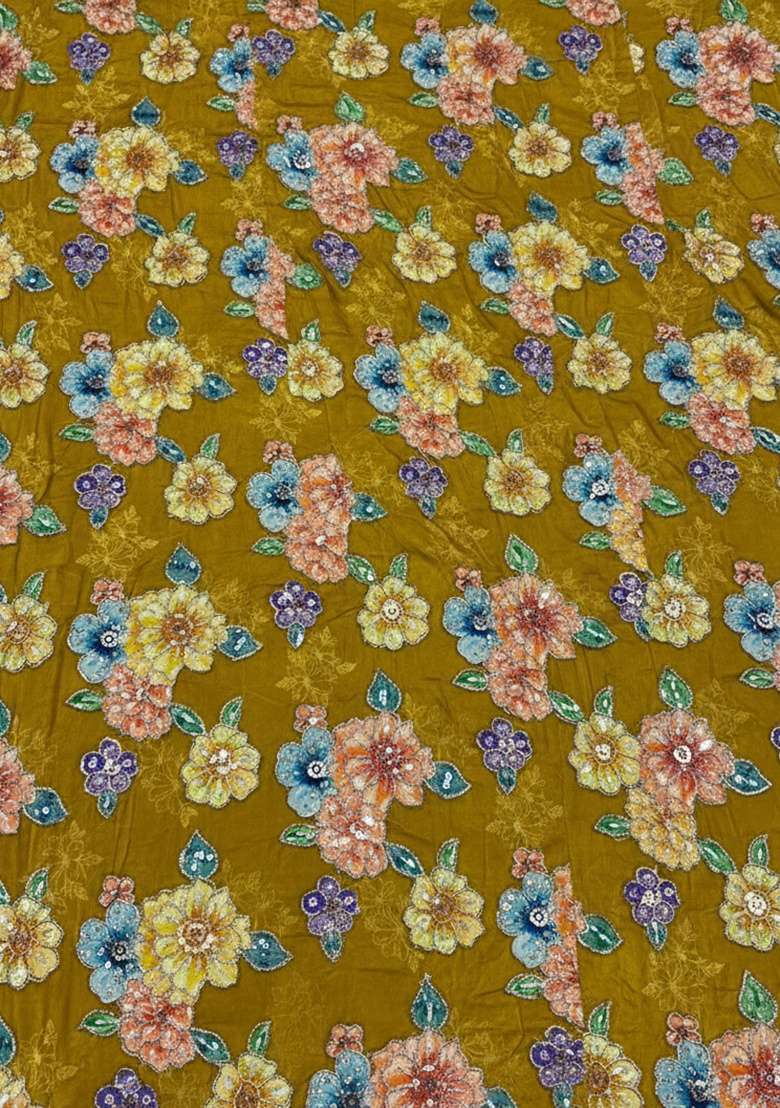 Mustard Yellow Abstract Print Crepe Fusion Set - Indya