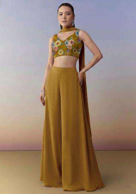 Mustard Yellow Abstract Print Crepe Fusion Set
