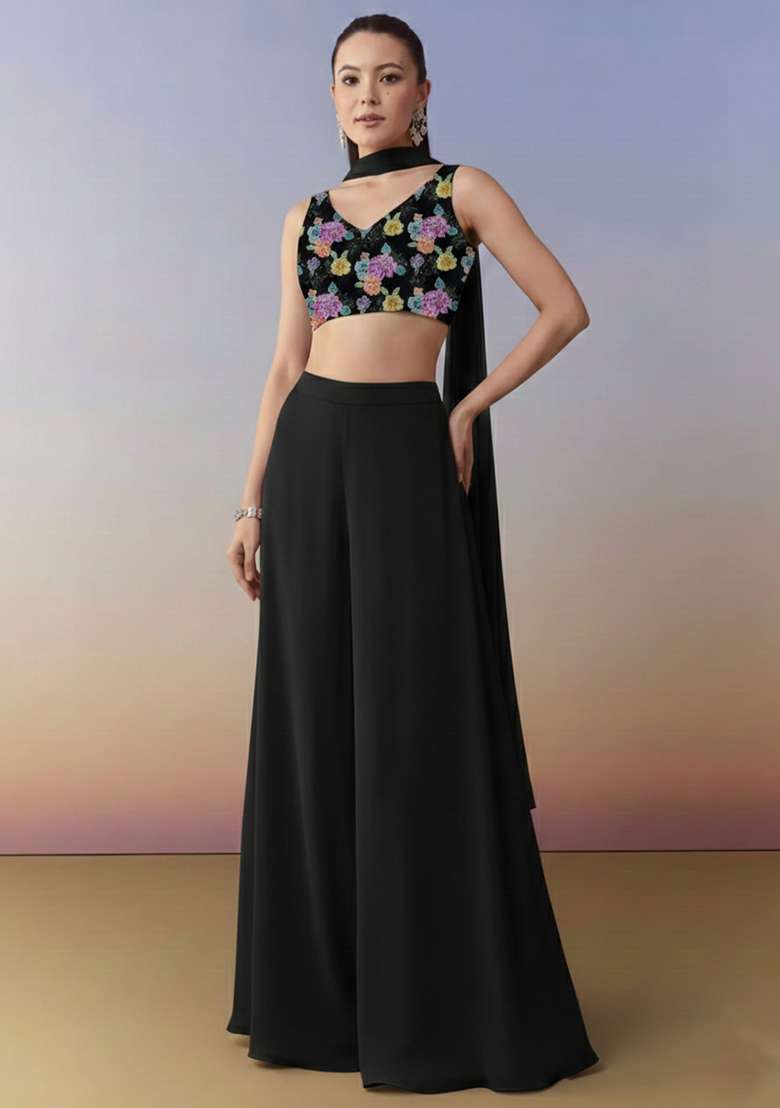 Black Abstract Print Crepe Fusion Set - Indya
