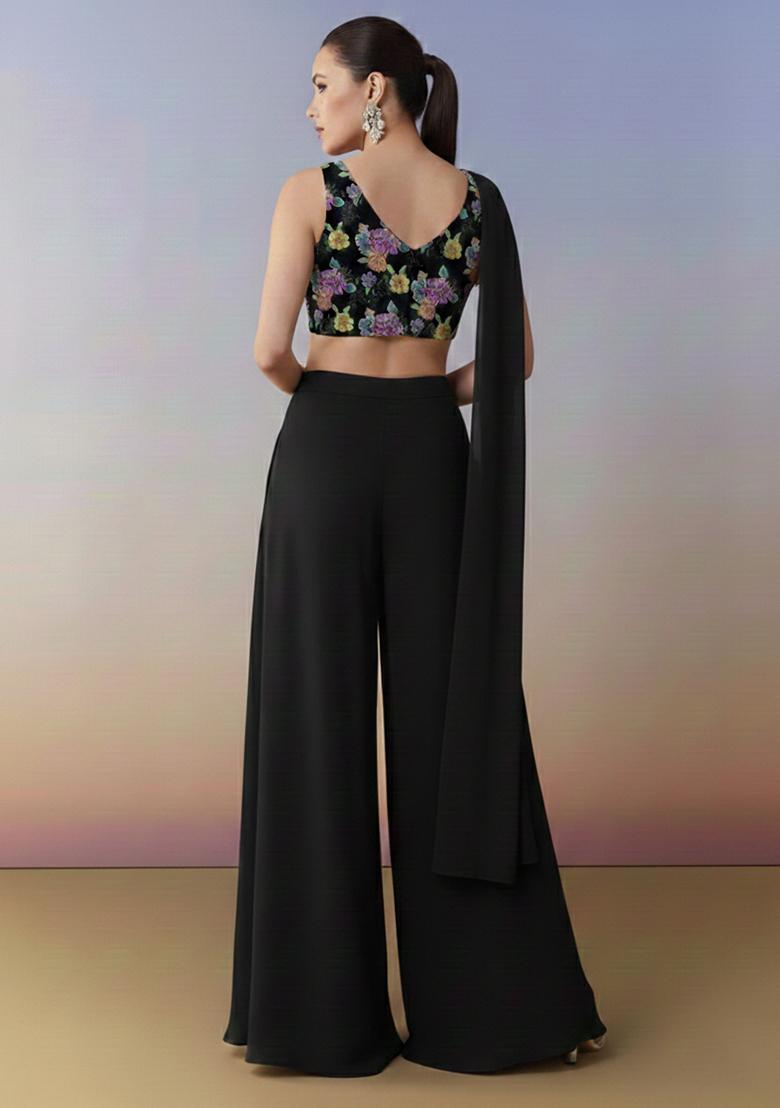 Black Abstract Print Crepe Fusion Set - Indya