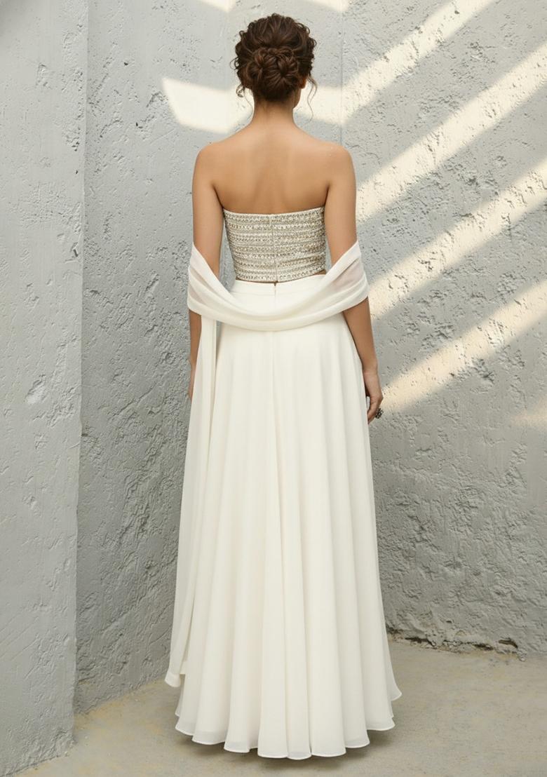 White Sequin Georgette Lehenga Set - Indya