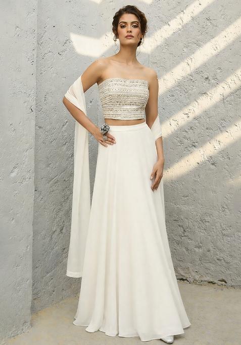 White Sequin Georgette Lehenga Set