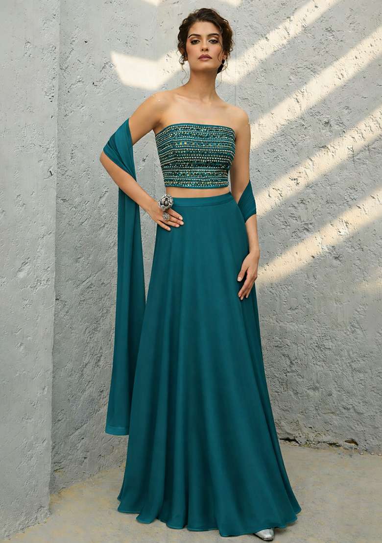 Teal Blue Sequin Georgette Lehenga Set - Indya