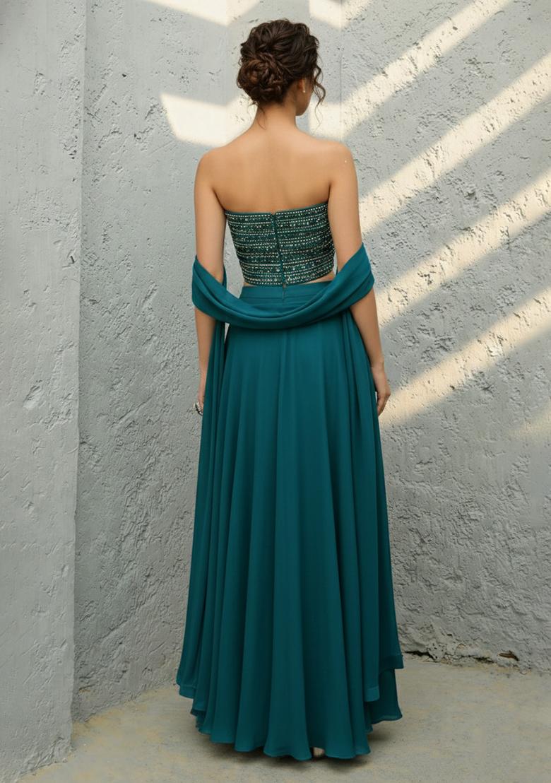 Teal Blue Sequin Georgette Lehenga Set - Indya