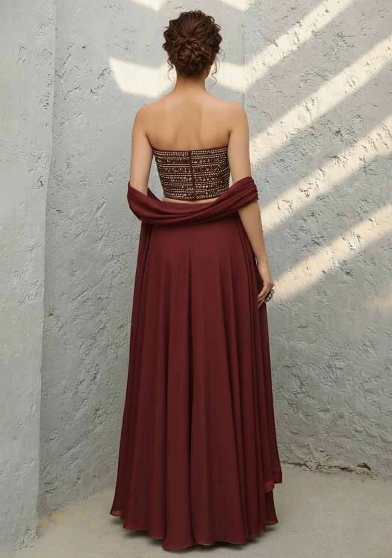 Burgundy Sequin Georgette Lehenga Set - Indya