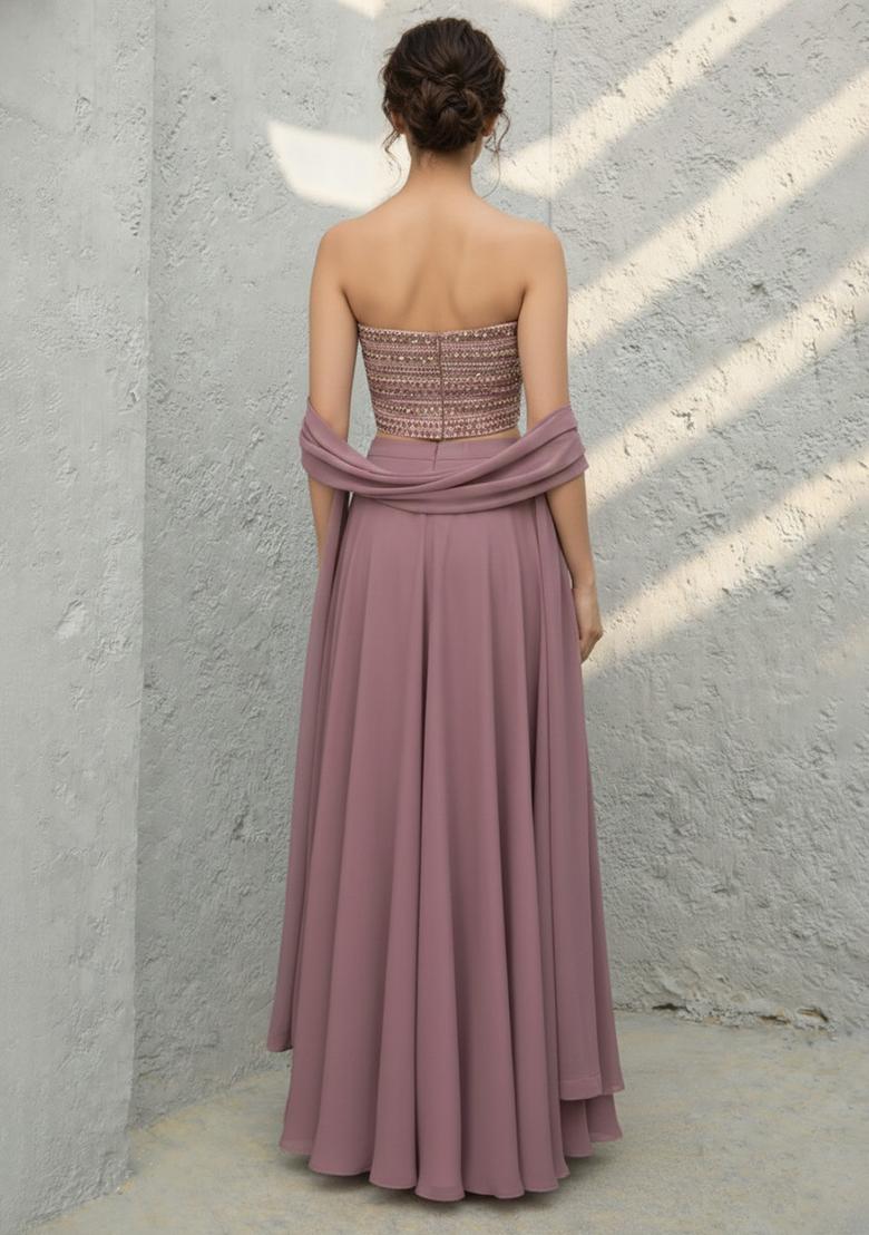 Mauve Sequin Georgette Lehenga Set - Indya