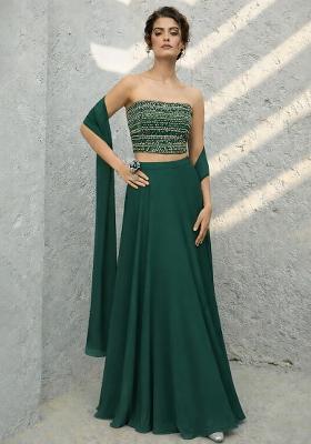 Dark Green Sequin Georgette Lehenga Set
