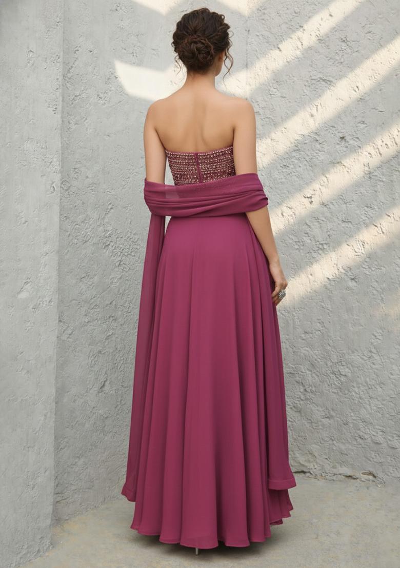 Magenta Sequin Georgette Lehenga Set - Indya