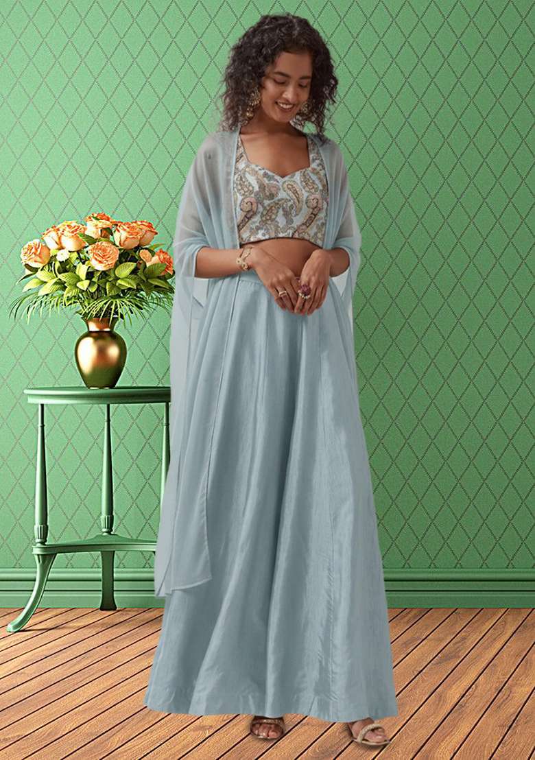 Sky Blue Jacquard Fusion Set with Abstract Print for Diwali | Wedding & Festive Wear - Indya