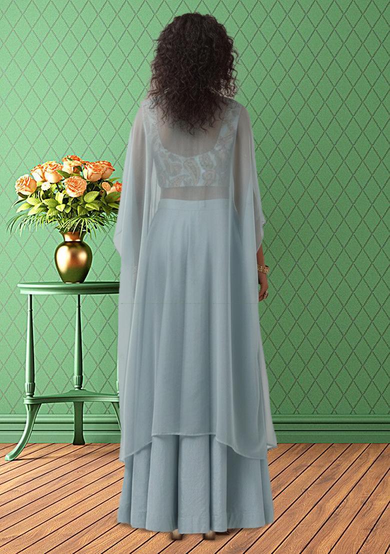 Sky Blue Abstract Print Jacquard Fusion Set - Indya