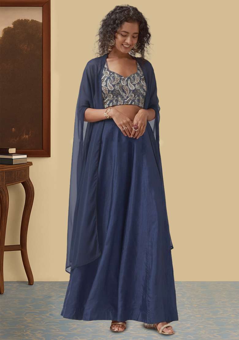 Dark Blue Abstract Print Jacquard Fusion Set for Diwali and Festive Wear - Indya