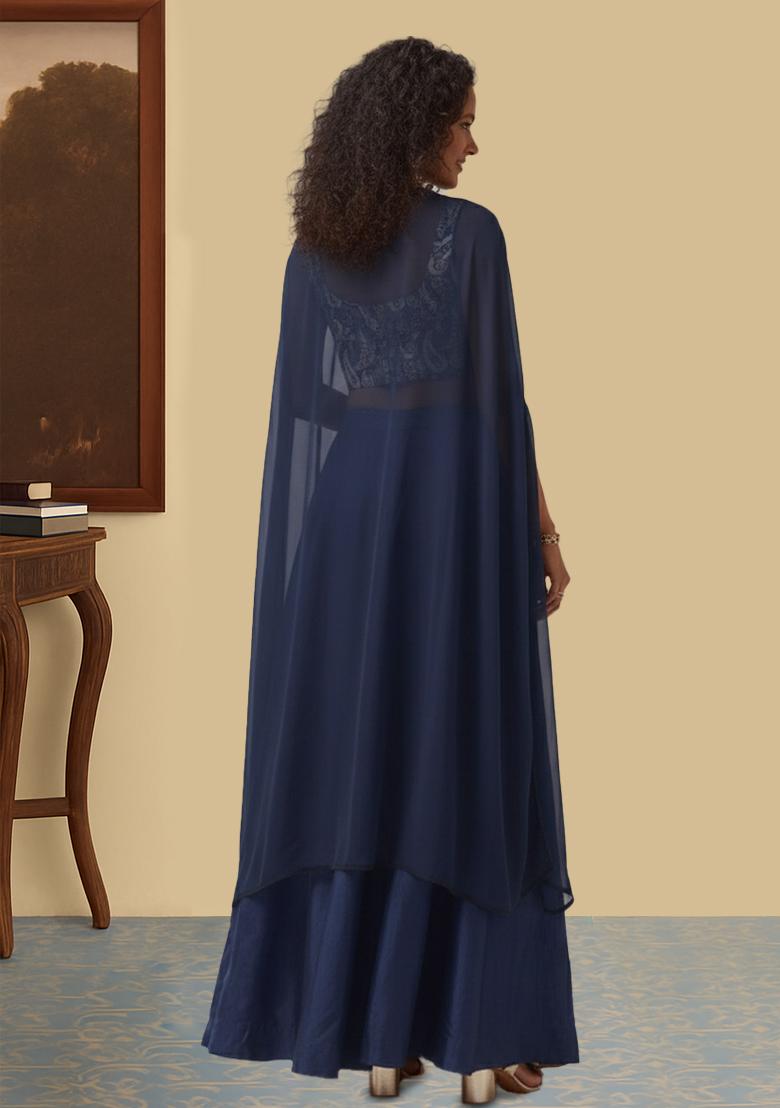 Dark Blue Abstract Print Jacquard Fusion Set - Indya