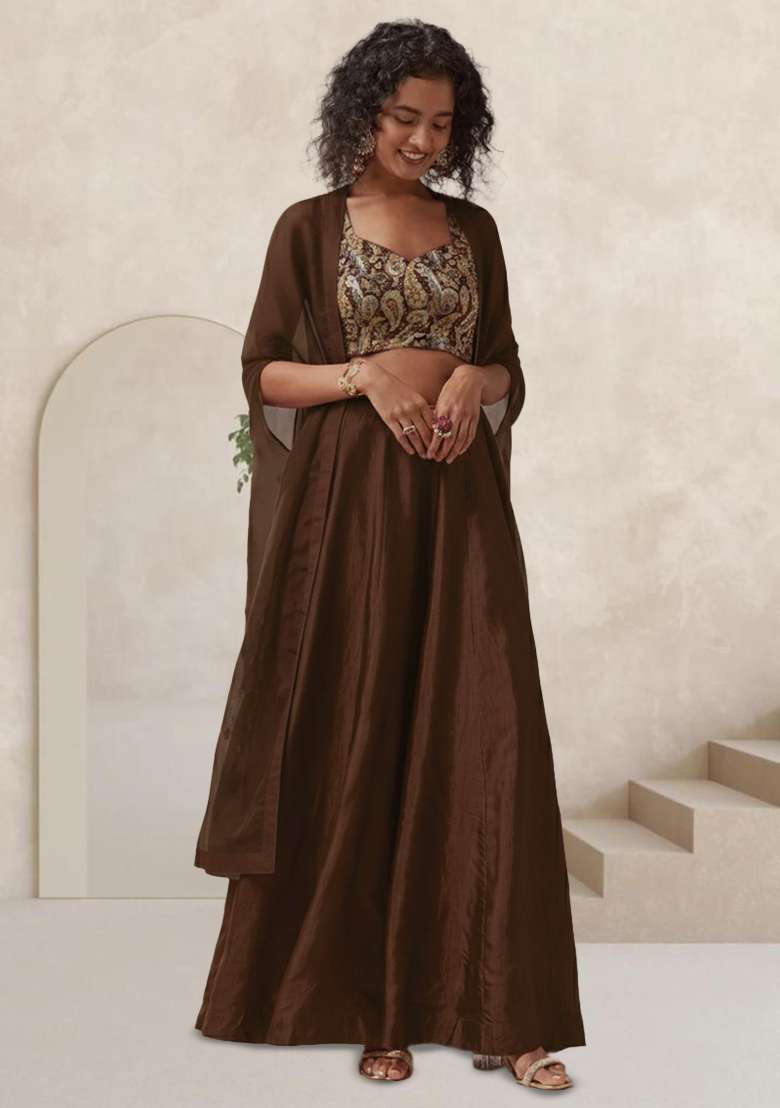 Brown Jacquard Fusion Set with Abstract Print for Diwali | Wedding & Festive Wear - Indya