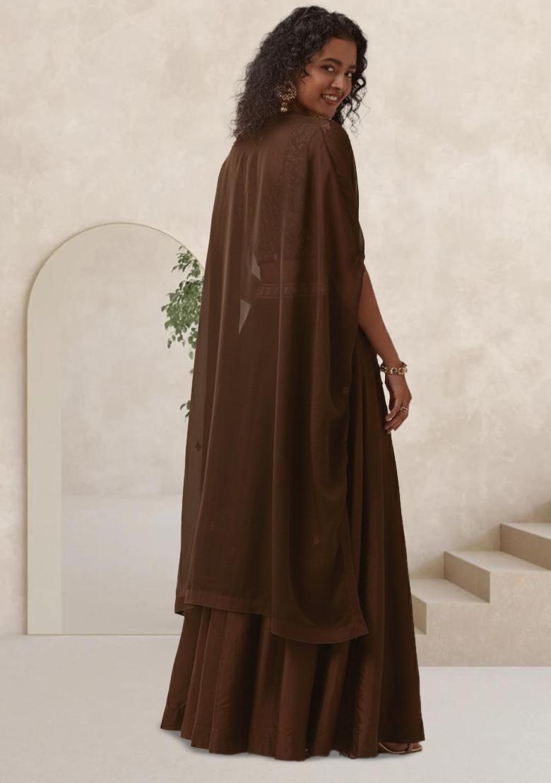 Brown Abstract Print Jacquard Fusion Set - Indya