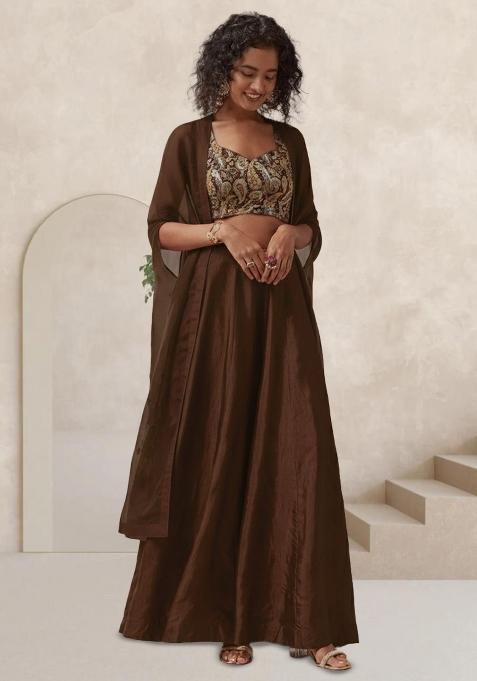 Brown Abstract Print Jacquard Fusion Set