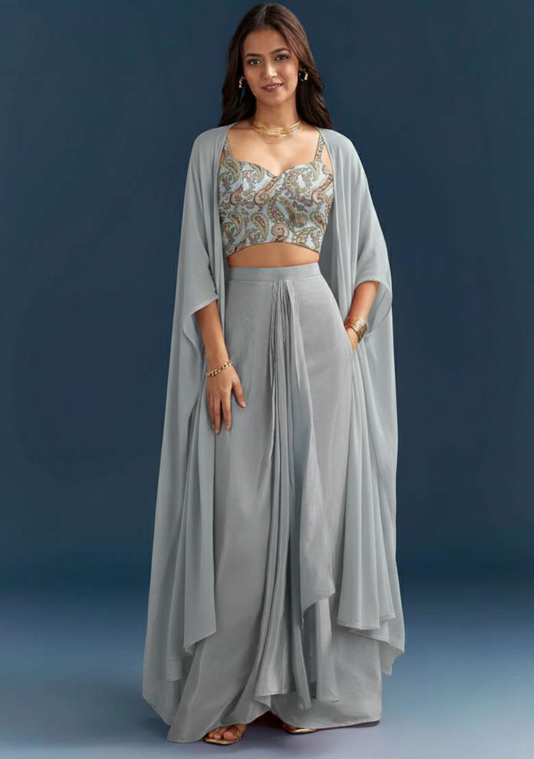 Sky Blue Jacquard Fusion Set with Abstract Print for Diwali | Wedding & Festive Wear - Indya