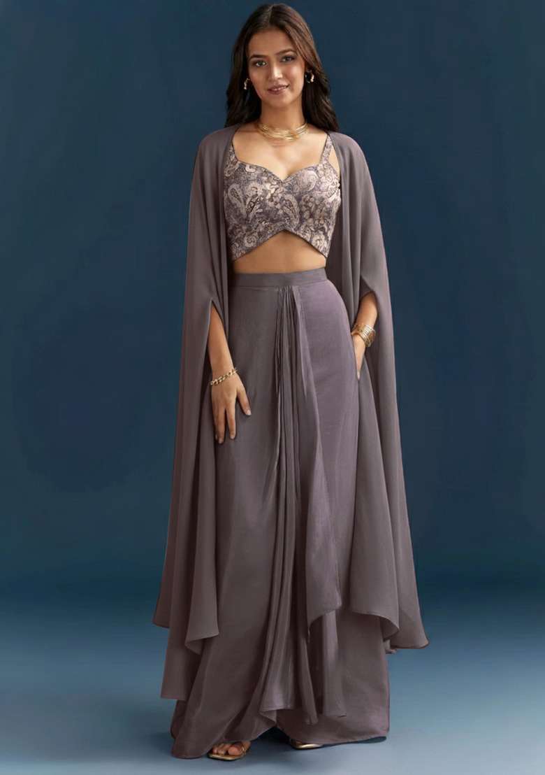 Slate Blue Jacquard Fusion Set with Abstract Print for Diwali | Wedding & Festive Wear - Indya