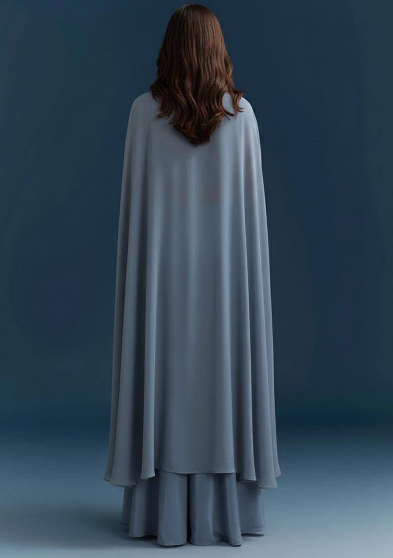 Slate Blue Abstract Print Jacquard Fusion Set - Indya