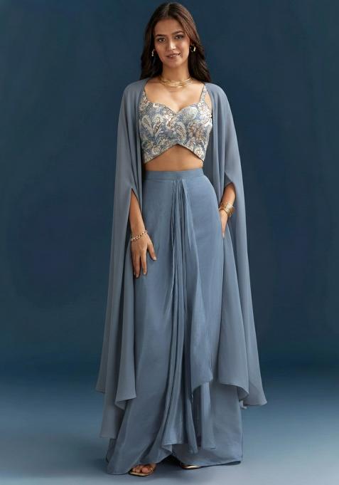 Slate Blue Abstract Print Jacquard Fusion Set