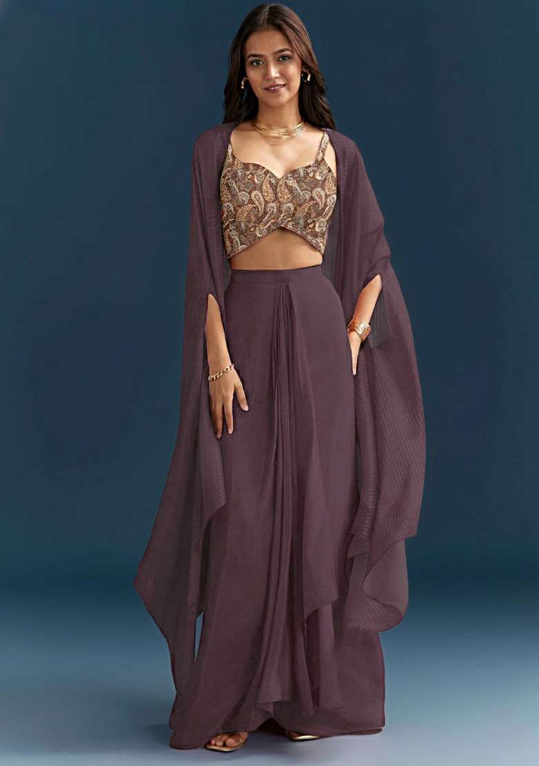 Brown Jacquard Fusion Set with Abstract Print for Diwali | Wedding & Festive Wear - Indya