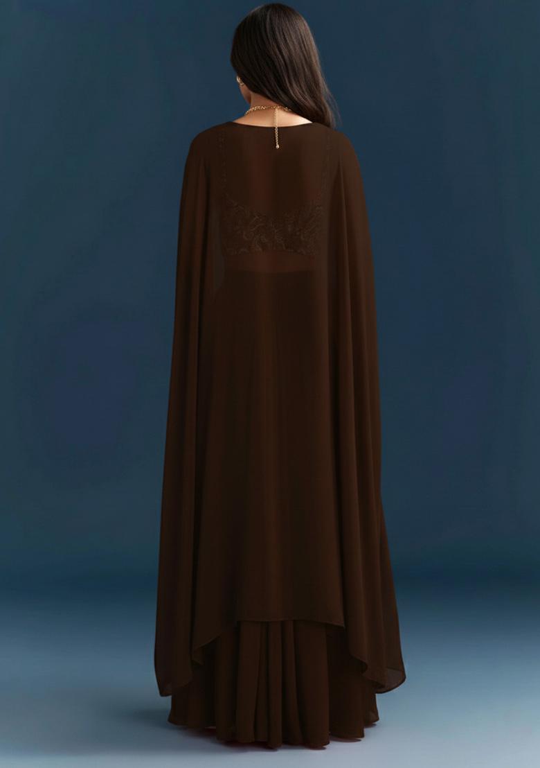 Brown Abstract Print Jacquard Fusion Set - Indya