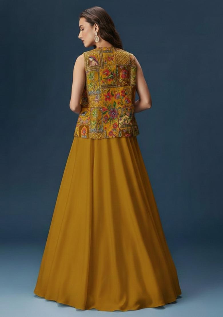 Mustard Sequin Crepe Lehenga Set - Indya