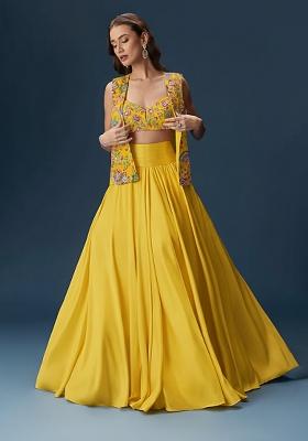 Yellow Floral Print Crepe Lehenga Set