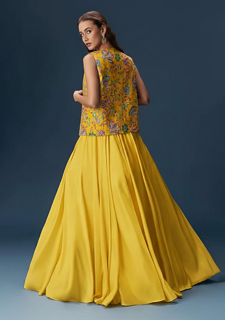 Yellow Floral Print Crepe Lehenga Set - Indya