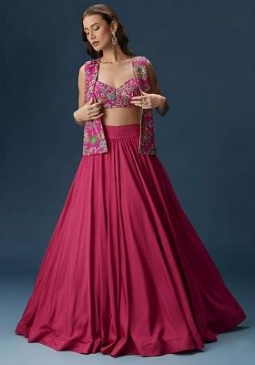 Rani Pink Floral Print Crepe Lehenga Set