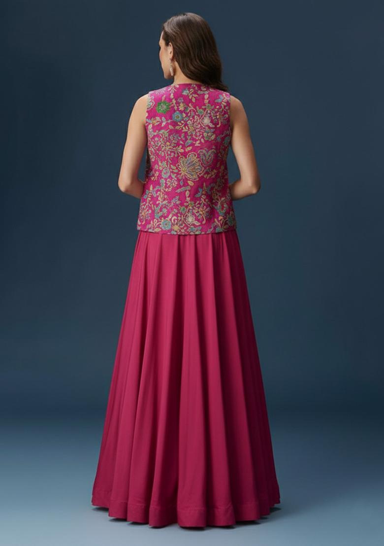 Rani Pink Floral Print Crepe Lehenga Set - Indya