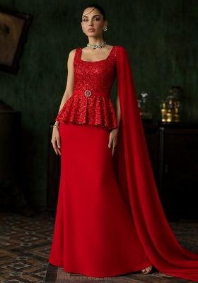 Red Embroidered Net Fusion Set