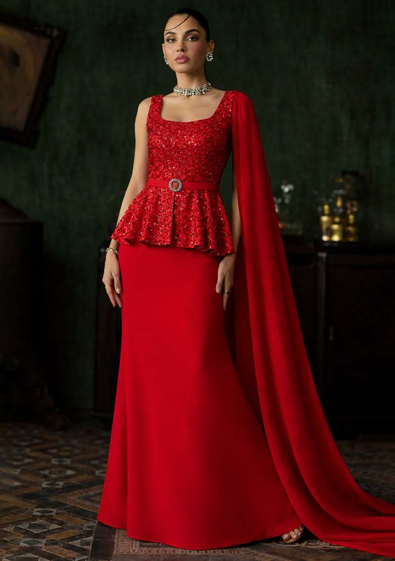 Red Embroidered Net Fusion Set - Indya