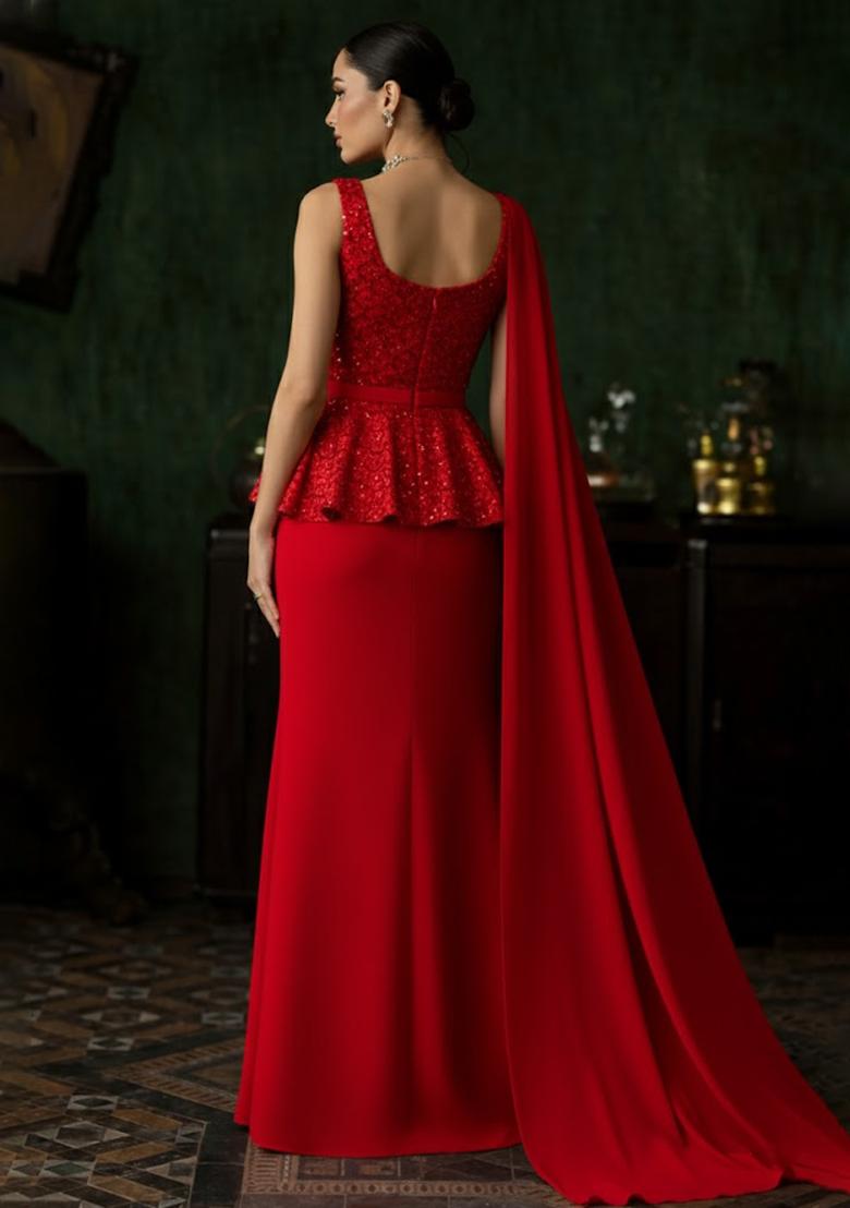 Red Embroidered Net Fusion Set - Indya