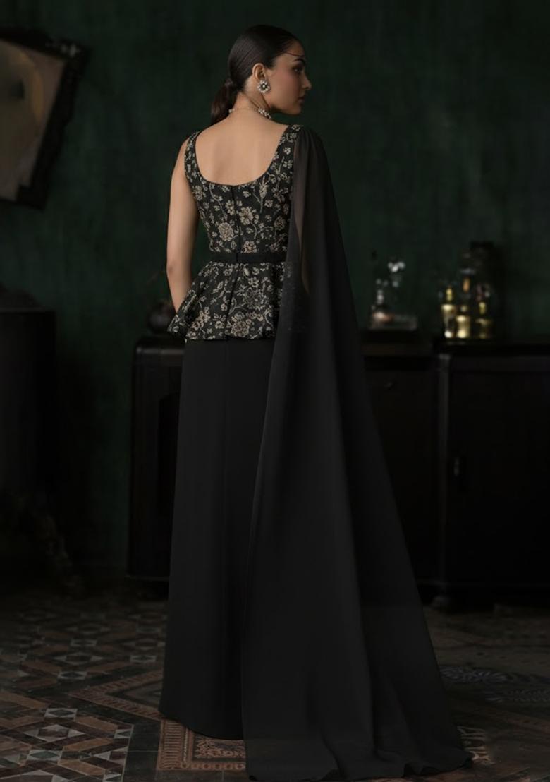 Black Embroidered Net Fusion Set - Indya