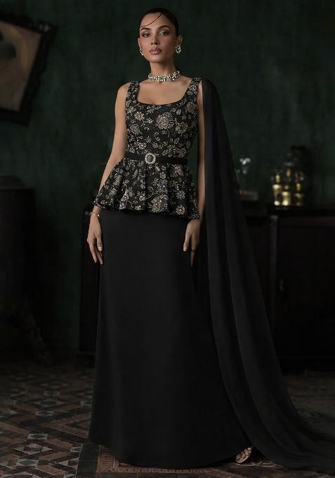 Black Embroidered Net Fusion Set