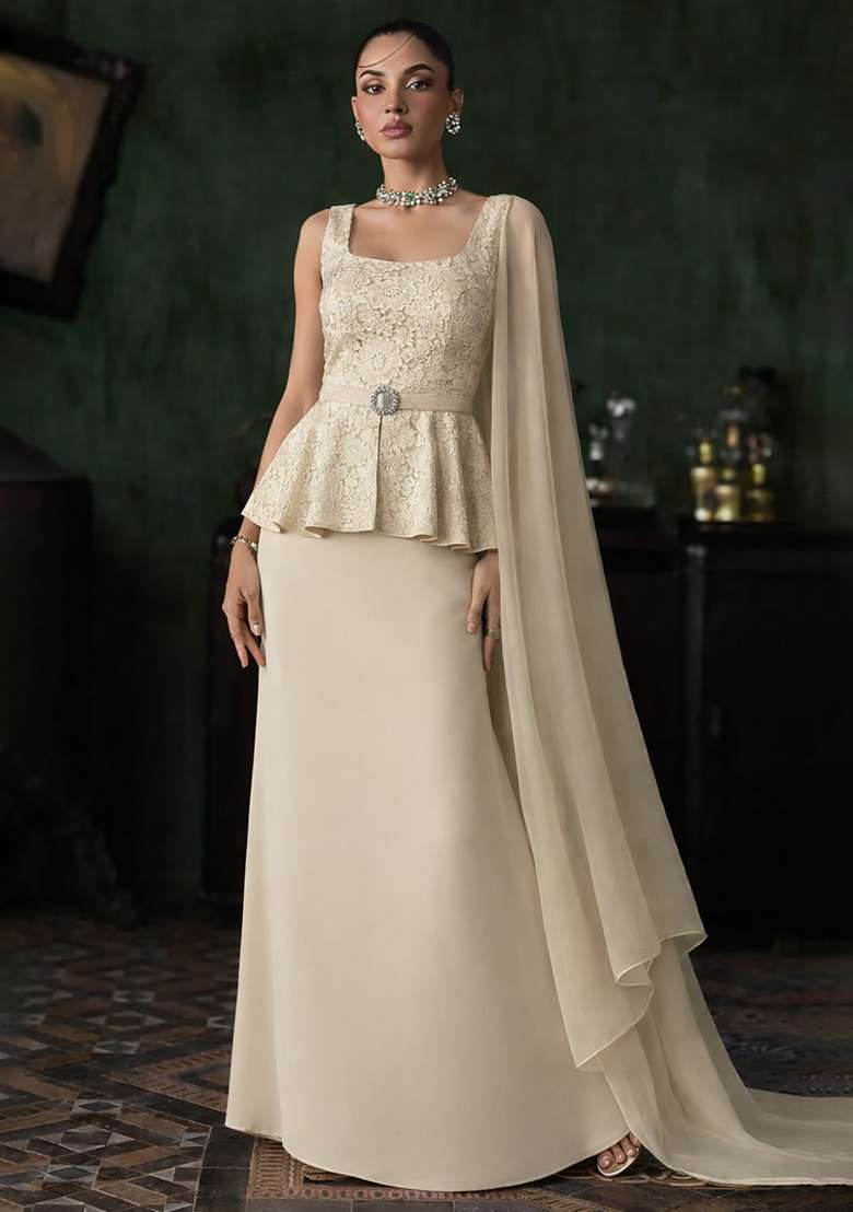 Cream Sequin Net Fusion Set - Indya