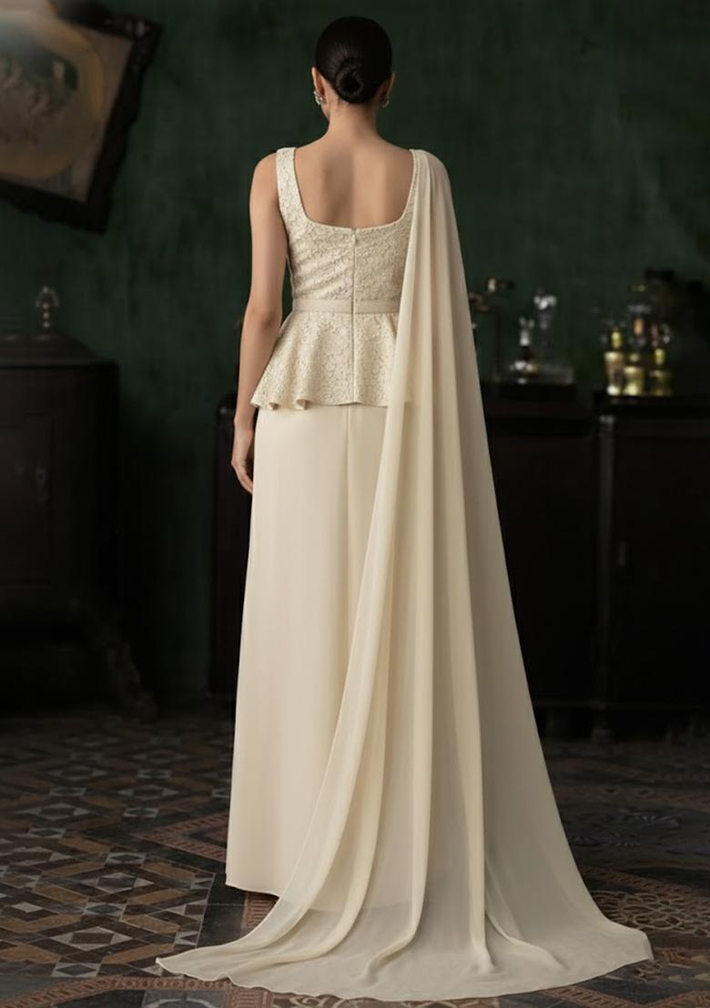 Cream Sequin Net Fusion Set - Indya