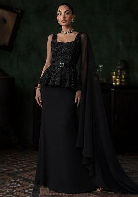 Black Embroidered Net Fusion Set