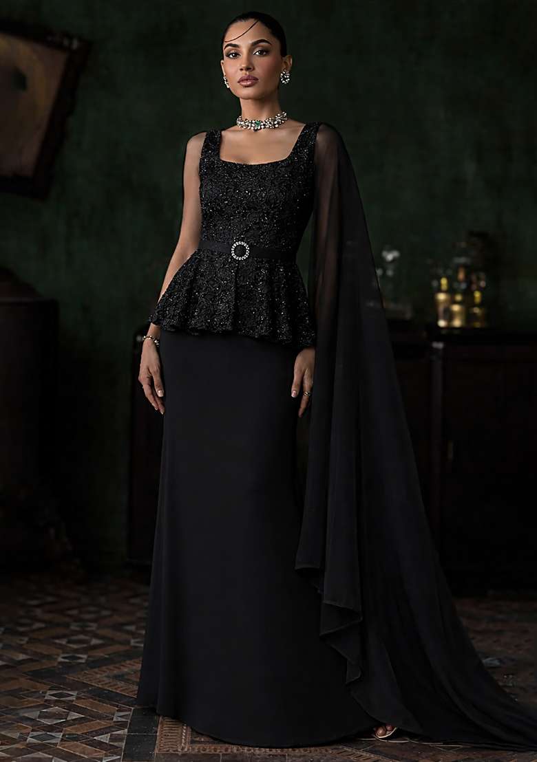 Black Embroidered Net Fusion Set - Indya