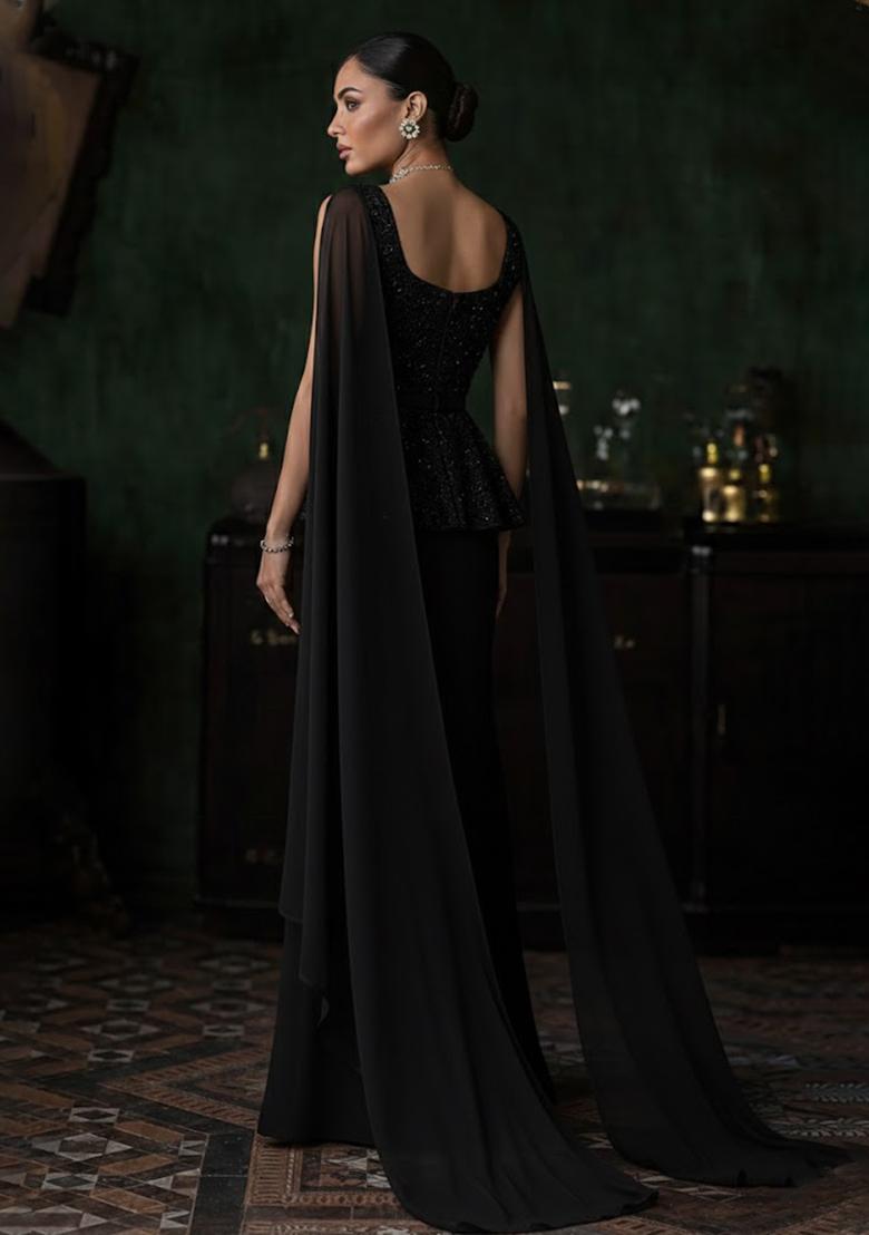 Black Embroidered Net Fusion Set - Indya