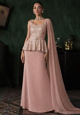 Pink Embroidered Net Fusion Set