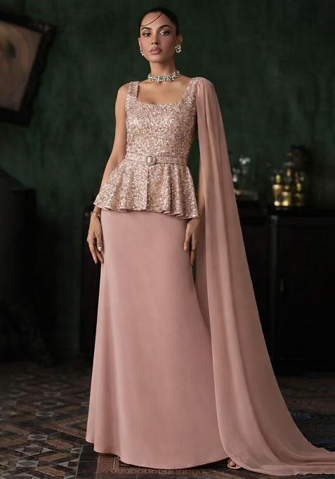 Pink Embroidered Net Fusion Set