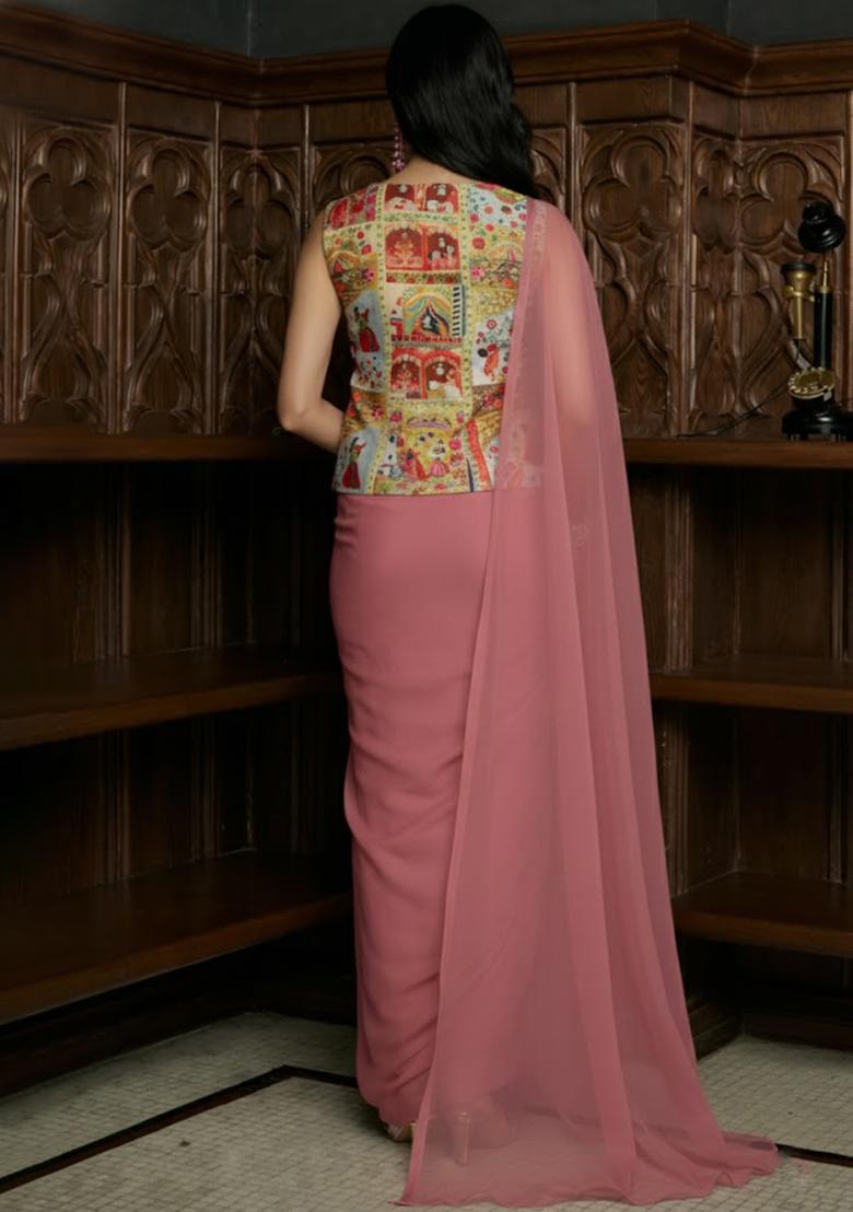 Mauve Pink Figure Print Chinon Pre Draped Saree Set - Indya