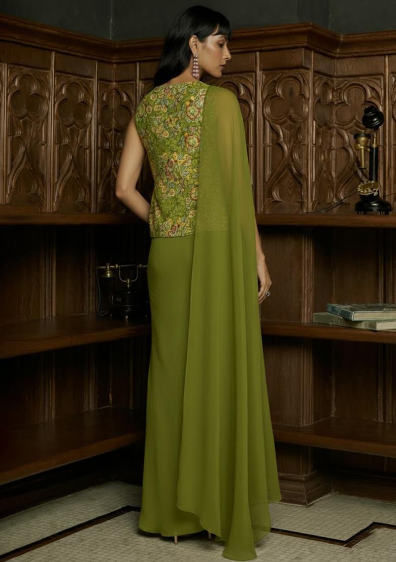 Olive Green Embroidered Organza Pre Draped Saree Set - Indya