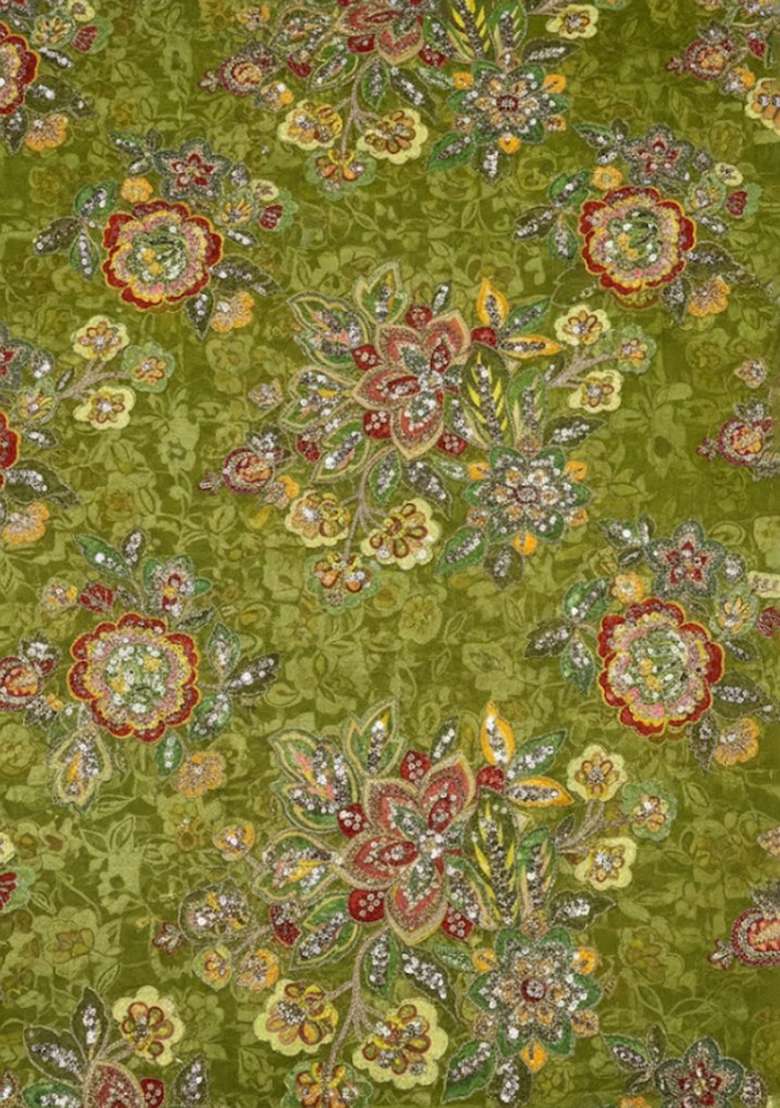 Olive Green Embroidered Organza Pre Draped Saree Set - Indya