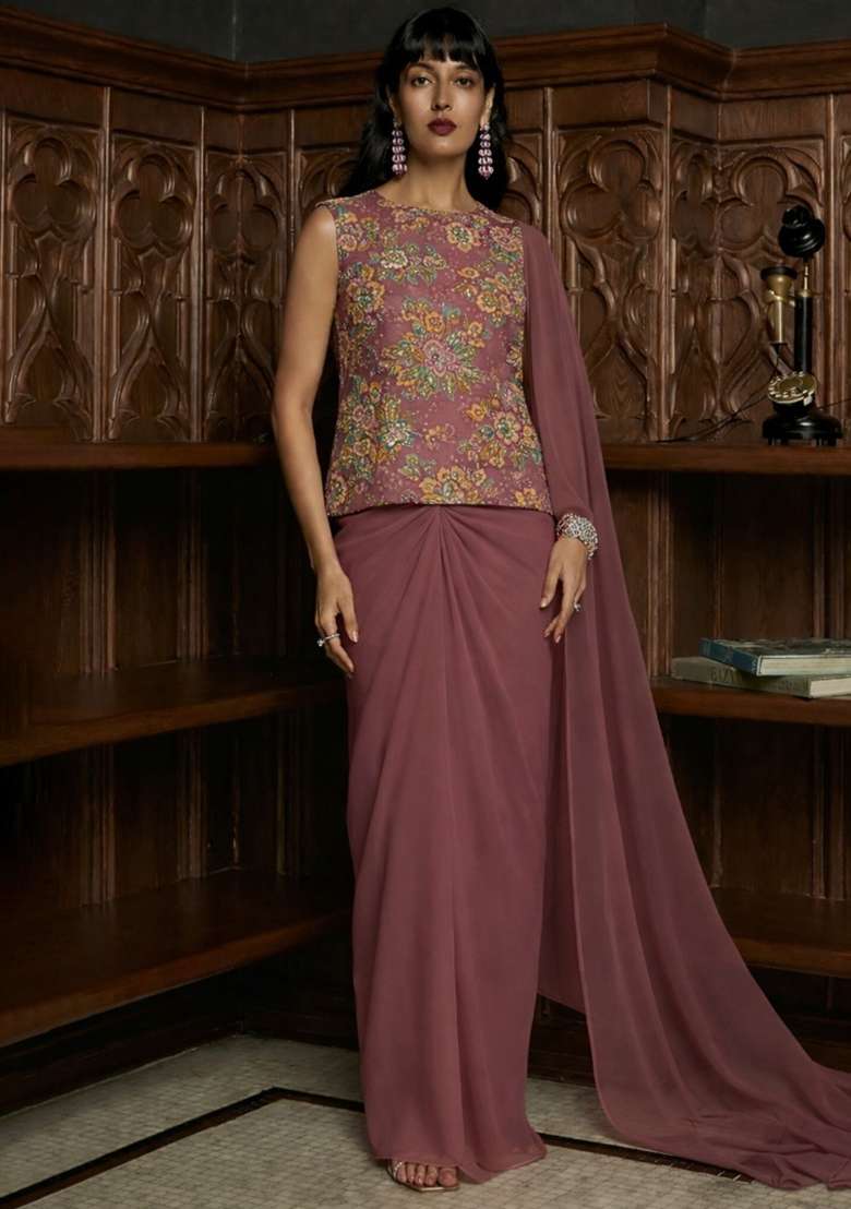 Mauve Embroidered Organza Pre Draped Saree Set - Indya